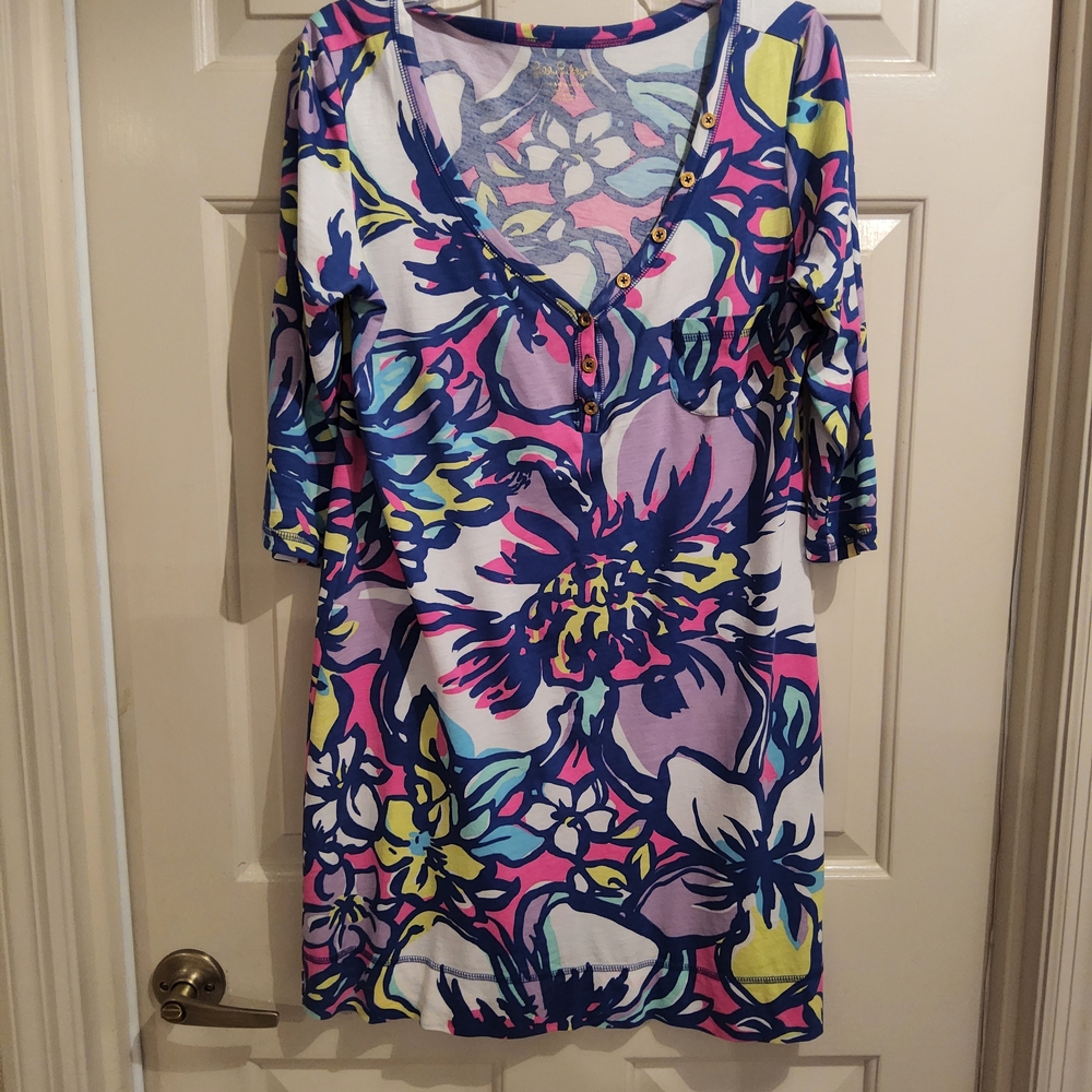 Lilly Pulitzer Sheath Dress Purple Blue V-Neck 3/4 Sleeve